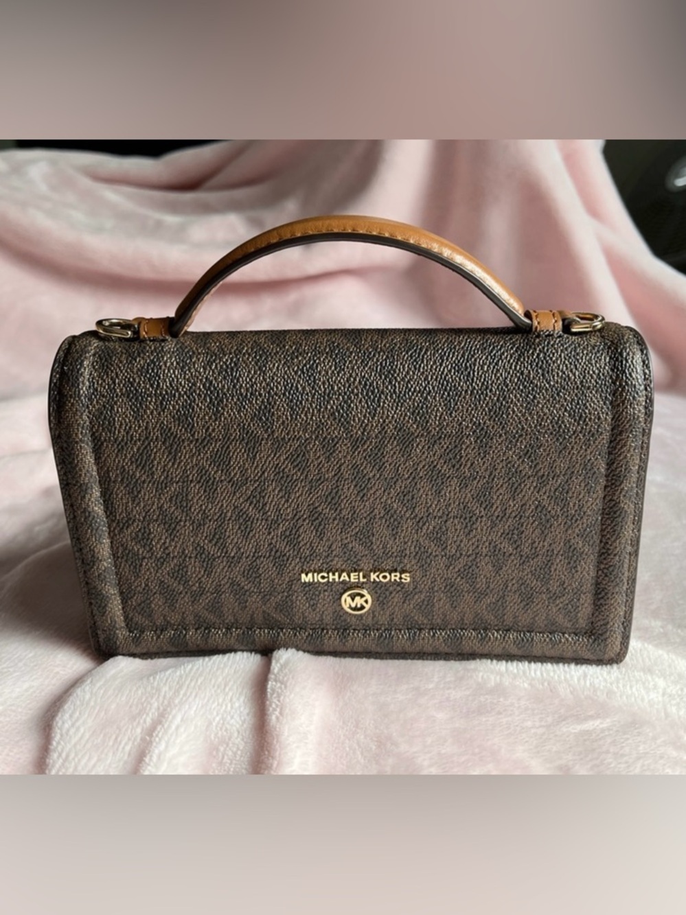 Michael Kors Brown Monogram Crossbody Bag with Tan Handle